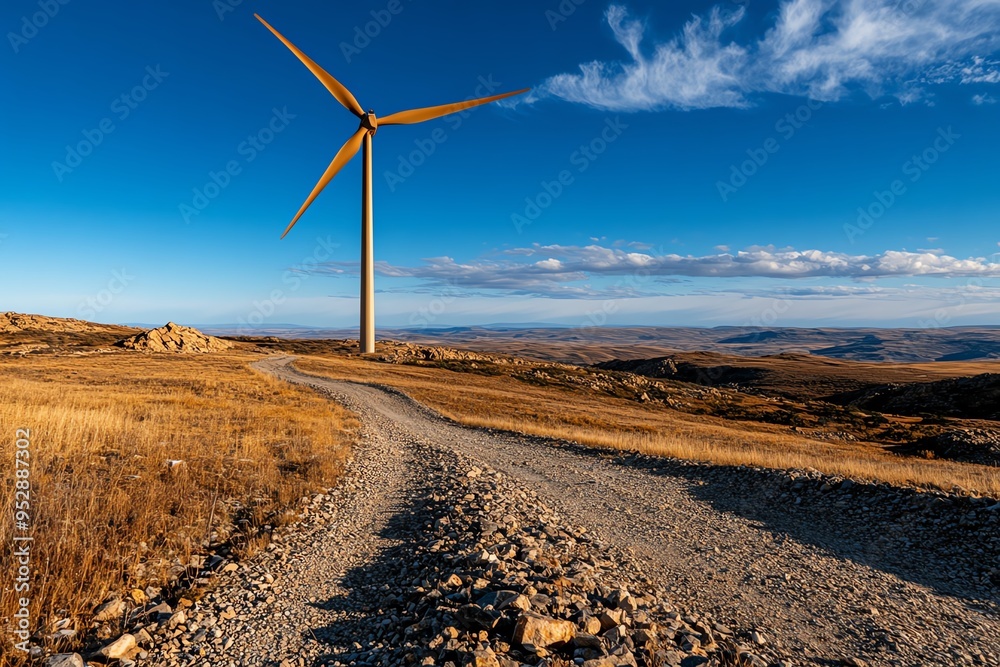 Aufkleber Clean energy efficiency is depicted in a minimalist design that focuses on the optimized performance of a wind turbine in a vast open field