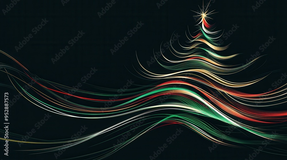Aufkleber a beautiful silhouette of a christmas tree formed by intertwining colorful lines against a dark back