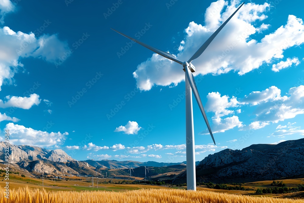 Aufkleber Clean energy engineering advancements are showcased in a realistic photo of a wind farm harnessing power from a strong breeze in an open field