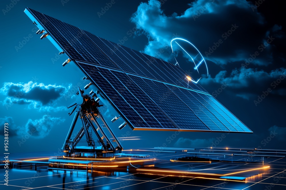 Fototapete Clean energy engineering design is highlighted in a minimalist blueprint showing the structure and layout of a solar farm