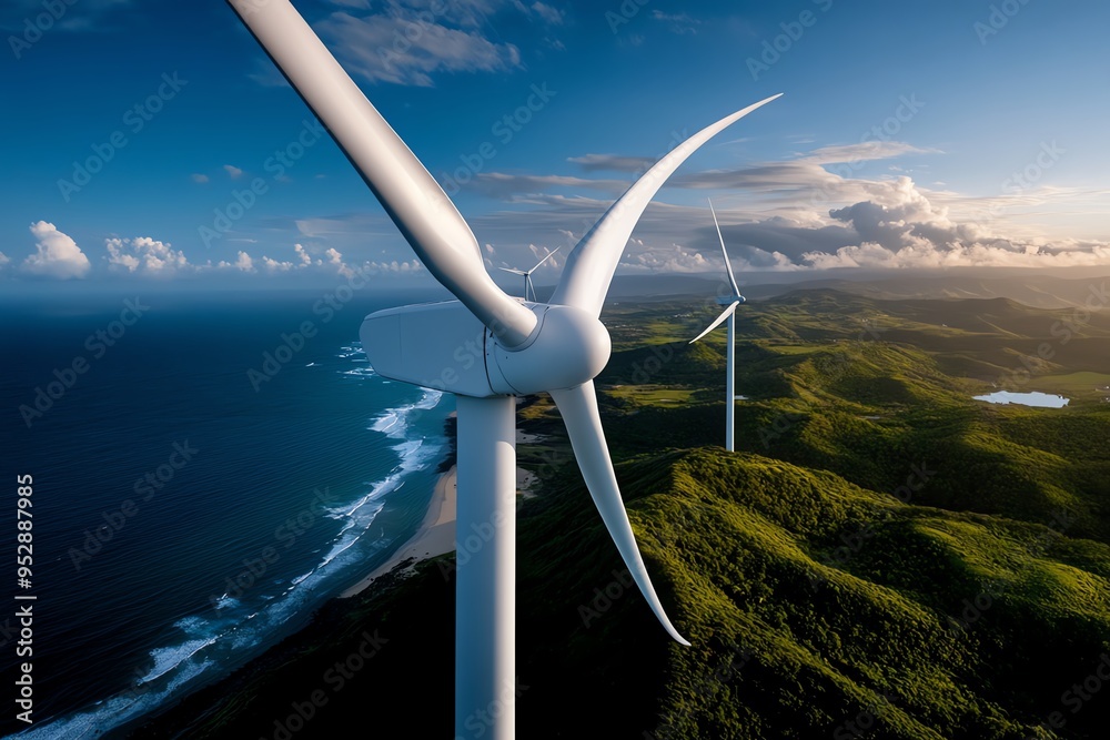 Poster clean energy engineering and innovation are showcased in a realistic photo of wind turbines on a coa