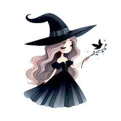 halloween witch .Cute witch for Halloween. Watercolor illustration of a witch