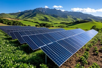 Clean energy engineering is showcased in a realistic photo of a solar farm with rows of solar panels set against a backdrop of rolling hills