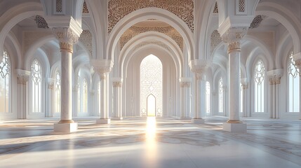 Fototapeta premium Sunlit Interior of a White Marble Hall with Arched Windows and Columns