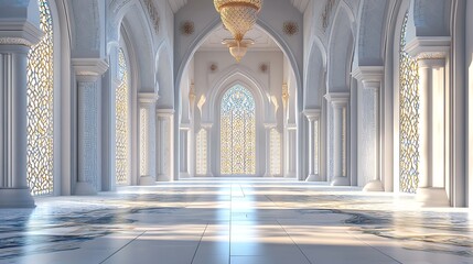 Fototapeta premium An interior hallway with intricate stained glass windows and white pillars