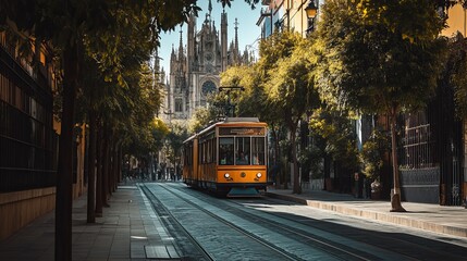 Obraz premium A tram in Seville passes by the Seville cathedral