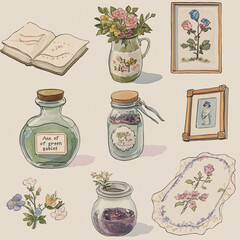 Anne of Green Gables Themed Antique Vintage Floral Illustrations with Transparent Background