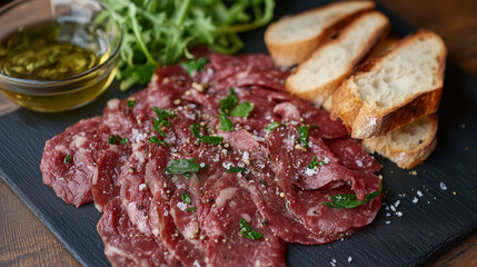 Beef carpaccio garnished with herbs and sea salt, served with sliced bread and a side of olive oil, accompanied by a small salad