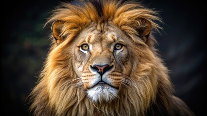 Close up of a regal lion showing its majestic mane and powerful gaze, lion, close up, wildlife, animal, predator