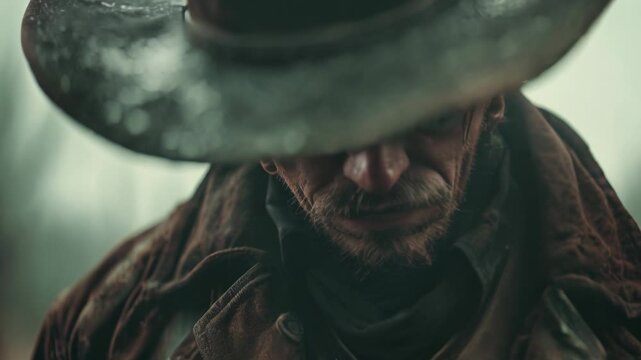 Wild west close-up on cowboy wearing a hat heroic portrait