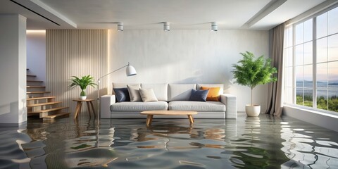 Flooded living room with water damage , disaster, house, flood, water, damage, insurance, cleanup, restoration, home