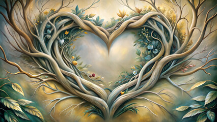 Fototapeta premium Heart shape created by intertwining tree branches and foliage in a whimsical nature setting 