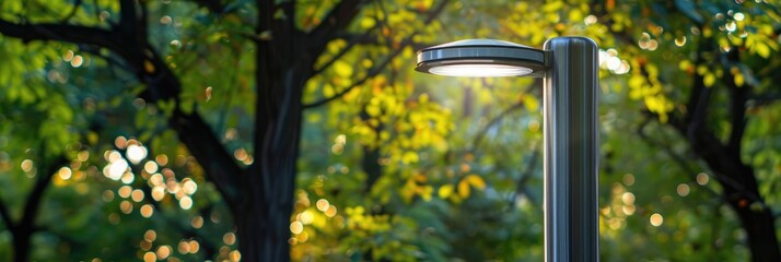 Cylindrical stainless steel street lamp featuring LED bulbs and a solar panel in a communal park.