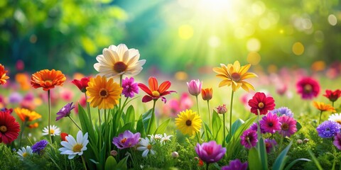 Image of Colorful flowers blooming on a lush green field, flowers, blooming, colorful, green, field, floral, nature, plants, petals printed on Printed Glass Splashbacks