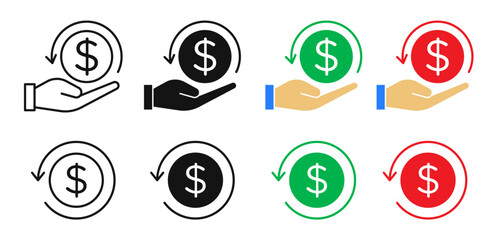 Refund icon set. Cashback or chargeback vector symbols. Save or invest money signs in black filled and outlined style