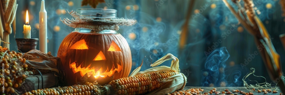 Poster jack-o'-lantern atop a sizable glass jar filled with dried corn and corn silk, alongside a candle ho