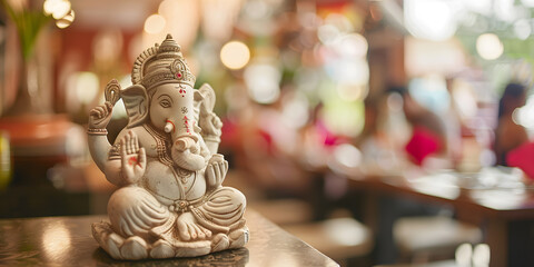 Fototapeta premium God Ganesha Idol Sitting on a Shelf in a Shop | Symbol of Wisdom and Prosperity in Indian Religious Art