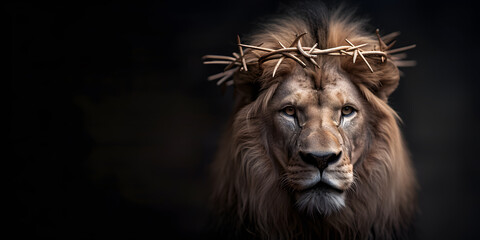 Fototapeta premium Lion with Crown of Thorns on His Head | Powerful Symbol of Strength, Sacrifice, and Spirituality