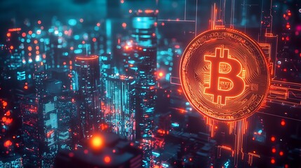 Obraz premium Glowing Bitcoin Coin Over Futuristic Cityscape