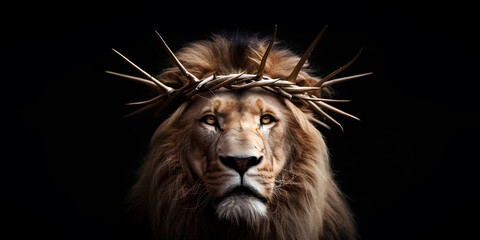 Naklejka premium Lion with Crown of Thorns on His Head | Powerful Symbol of Strength, Sacrifice, and Spirituality