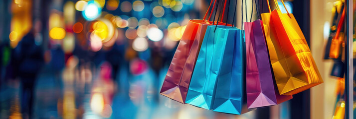 Colorful shopping paper bags in the shop. Horizontal banner. Free space for text. Copy space. Summer or Winter Sales, Seasonal sales, shopping, Black Friday, Cyber Monday. Happy boxing day