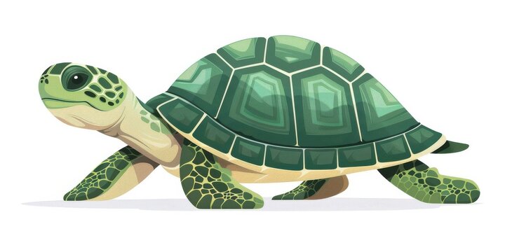 Charming, green cartoon turtle with a patterned shell, depicted in a simple, flat vector style.