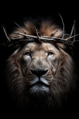Naklejka premium Lion with Crown of Thorns on His Head | Powerful Symbol of Strength, Sacrifice, and Spirituality