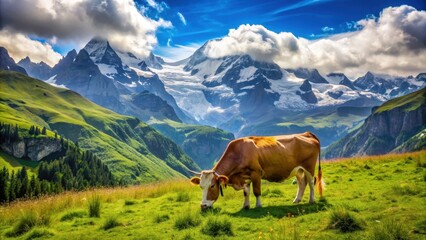 Cow grazing peacefully in the mountains surrounded by lush greenery and snowy peaks, cow, mountains, nature, landscape