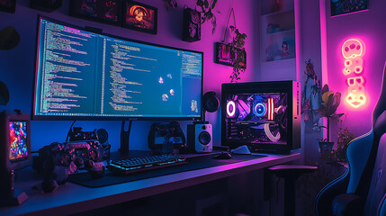 A computer desk with a neon sign that says "bear" on it