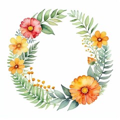 Watercolor wreath of orange and yellow flowers with green leaves, perfect for invitations, cards, and other designs.