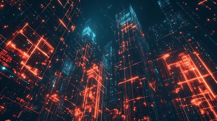 Obraz premium A Futuristic Cityscape with Neon Lights and Grids