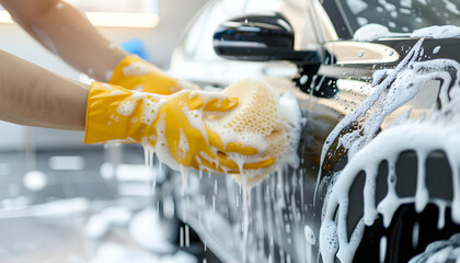 Worker Washing Black Car with Sponge at a Car Wash | Professional Vehicle Cleaning and Detailing Services