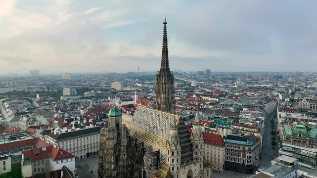 Aerial view of famous places St. Stephen's Cathedral Stephansdom at night. Mother church of the Roman Catholic Archdiocese of Vienna. Austria