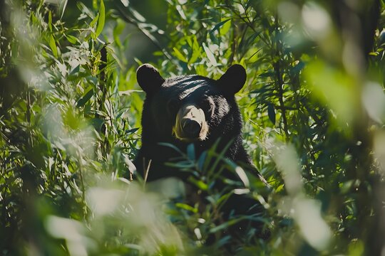 Black bear peeking through dense bushes, leaves and branches partially obscuring its face