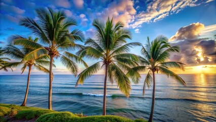 Serene ocean view with palm trees swaying in the breeze, serene, ocean, view, palm trees, swaying, breeze, tranquil