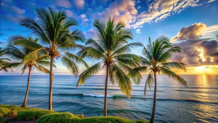 Papier peint photo  Serene ocean view with palm trees swaying in the breeze, serene, ocean, view, palm trees, swaying, breeze, tranquil  © sawaratch