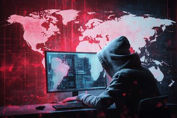 Hacker working on multiple computers with a digital world map overlay.
