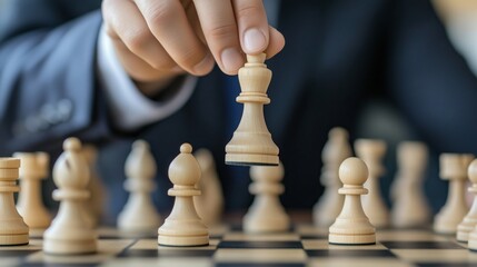 A businessman ponders a chess move, symbolizing a strategic decision. The board reflects tension and calculation, where every move is crucial to success.