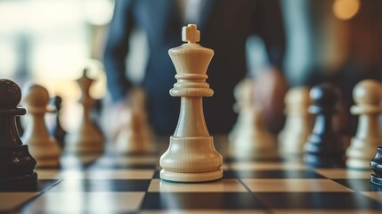 A businessman ponders a chess move, symbolizing a strategic decision. The board reflects tension and calculation, where every move is crucial to success.