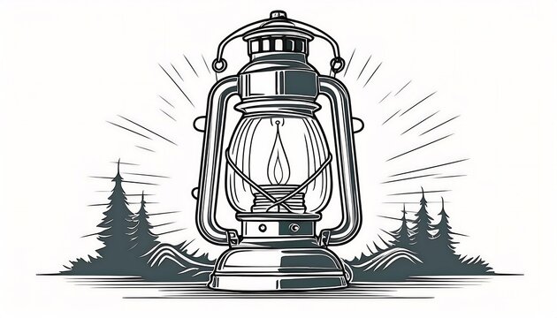 recommend clip art: Retro Camp Lantern Icon - traditional silhouette camping lantern, simple curves and lines. Graphic art illustration isolated on white background. Ai Generated