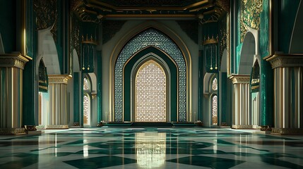 Obraz premium A Green and Gold Ornate Interior of a Mosque with a Large Window
