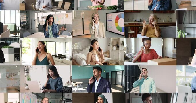 Asian woman and group of people using smartphone, engaged in phone conversation at home or office, collage view. Global communication, connection, diversity in professional or personal context, tech