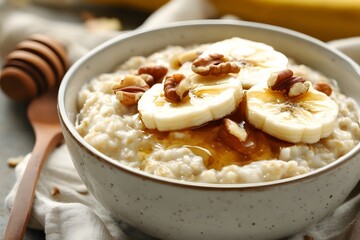 Oatmeal bowl topped with banana slices nuts
