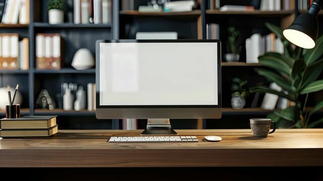 Blank computer screen mockup on a wooden desk in a modern home office interior.	