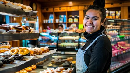 A smiling baker stands behind a showcase filled with a colorful assortment of freshly made donuts. The warm atmosphere and delicious treats create a welcoming vibe