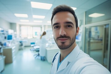 Fototapeta premium Close-up of a doctor taking a selfie at his workplace. Doctor taking a selfie in a medical clinic.