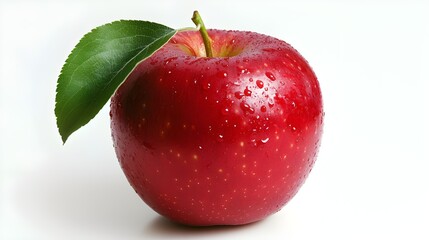 A whole red apple, with its glossy skin and green leaf attached, shown against a white background. The apple is depicted in a clean, straightforward manner.