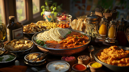 Fototapeta premium Delicious spread of Indian takeaway food, brimming with spices and rich aromas,