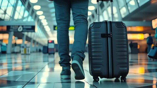 Young man holding suitcase in airport, travel concept.	