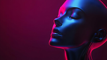 Digital human head symbolizing AI, illuminated by a futuristic light,